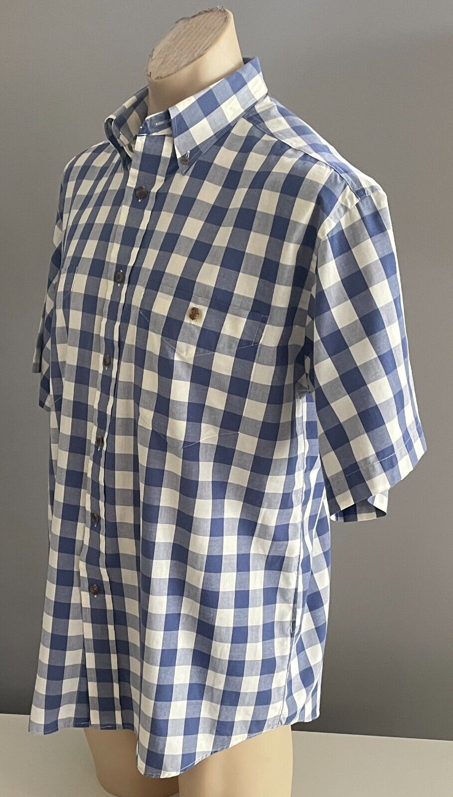 HC STUDIO Shirt Blue & White Check Print Mens Size M Classic Fit Short Sleeves