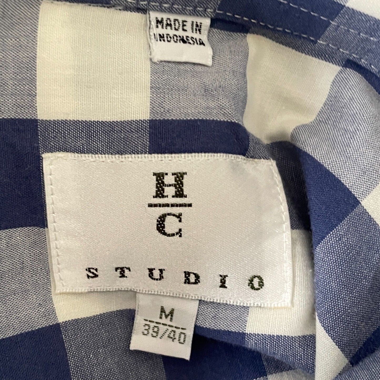 HC STUDIO Shirt Blue & White Check Print Mens Size M Classic Fit Short Sleeves