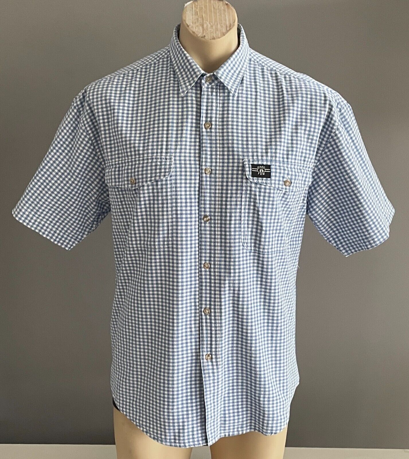 HANG TEN Blue & White Check Shirt Classic Fit Short Sleeve Cotton Mens Size M