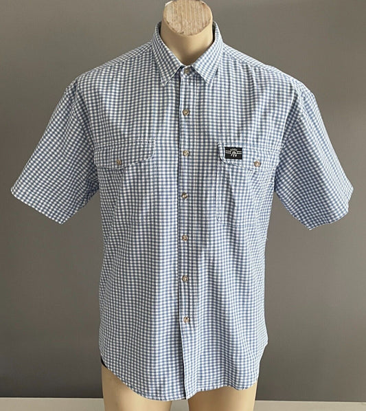 HANG TEN Blue & White Check Shirt Classic Fit Short Sleeve Cotton Mens Size M