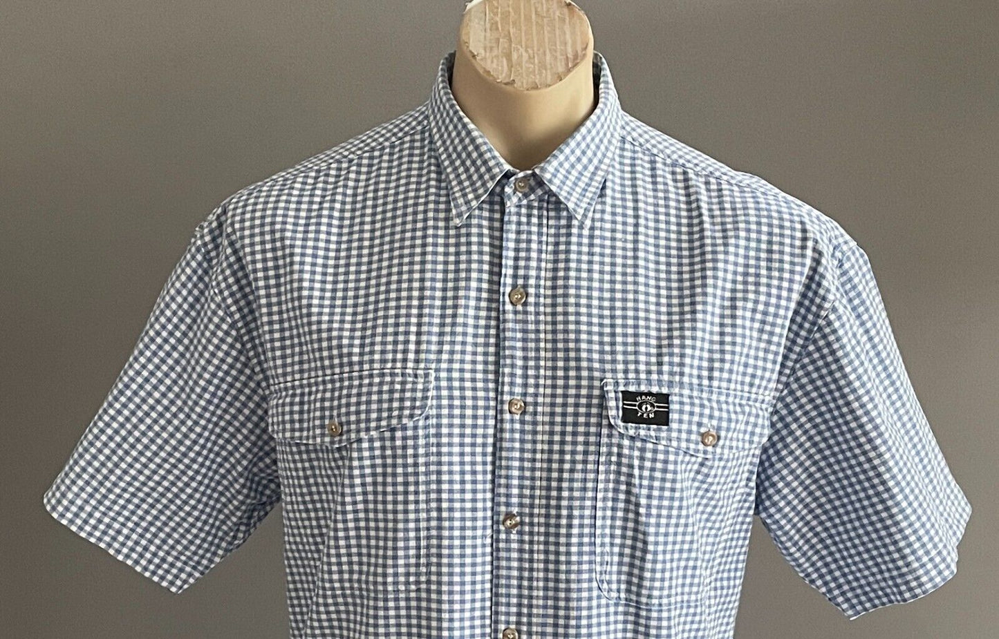 HANG TEN Blue & White Check Shirt Classic Fit Short Sleeve Cotton Mens Size M