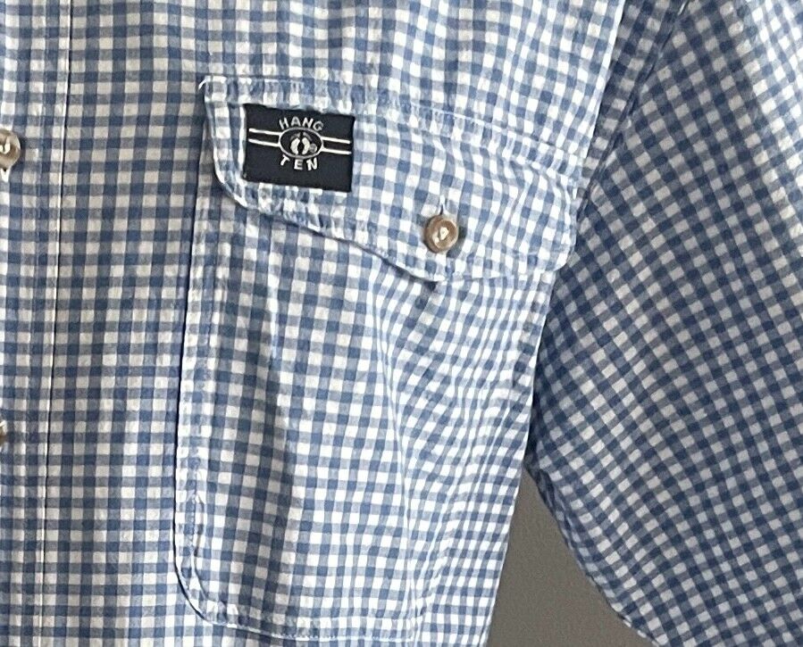 HANG TEN Blue & White Check Shirt Classic Fit Short Sleeve Cotton Mens Size M
