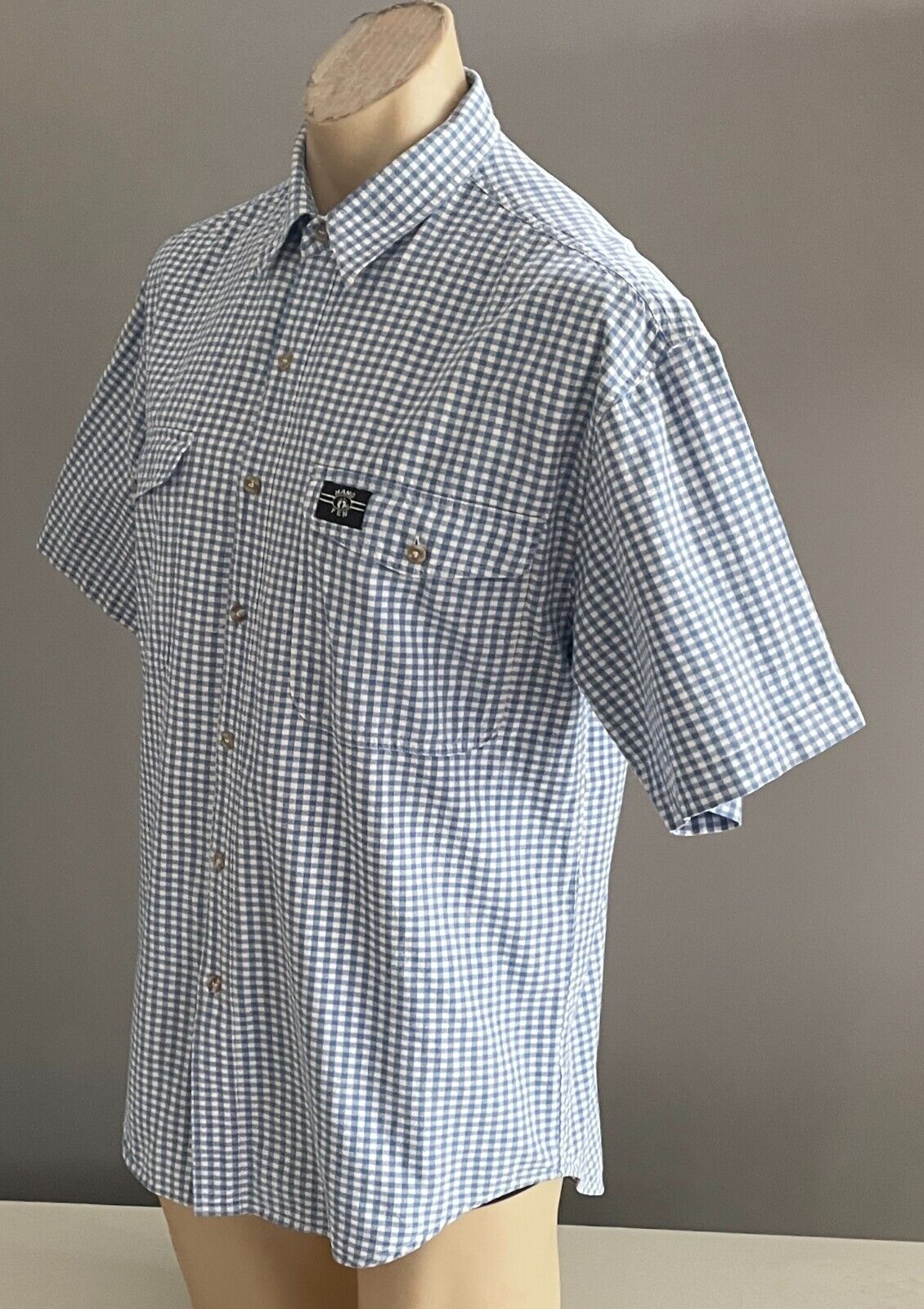 HANG TEN Blue & White Check Shirt Classic Fit Short Sleeve Cotton Mens Size M