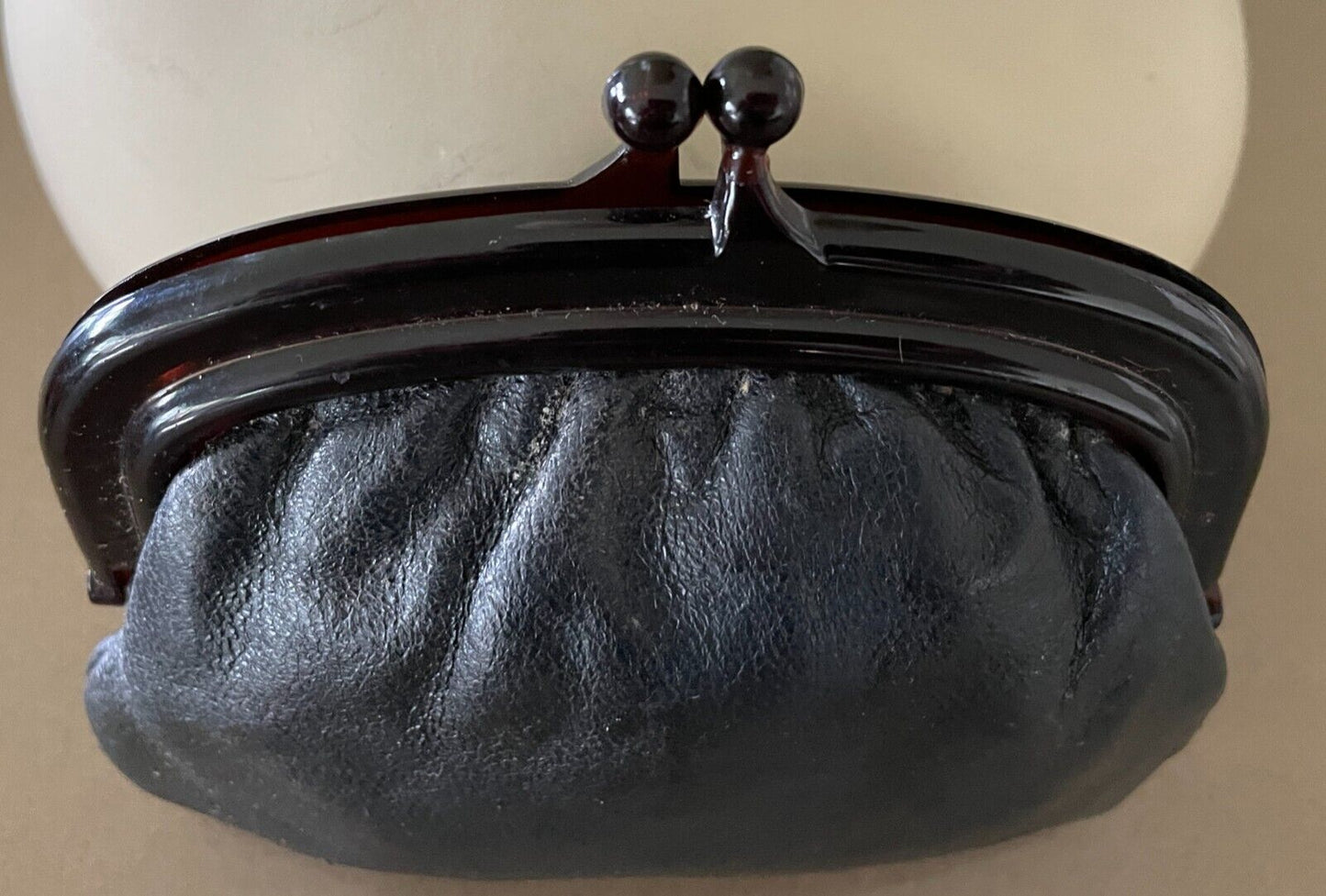 Vintage Retro Leather Coin Purse Black Tortoiseshell Clasp Italy 1970's 1980's