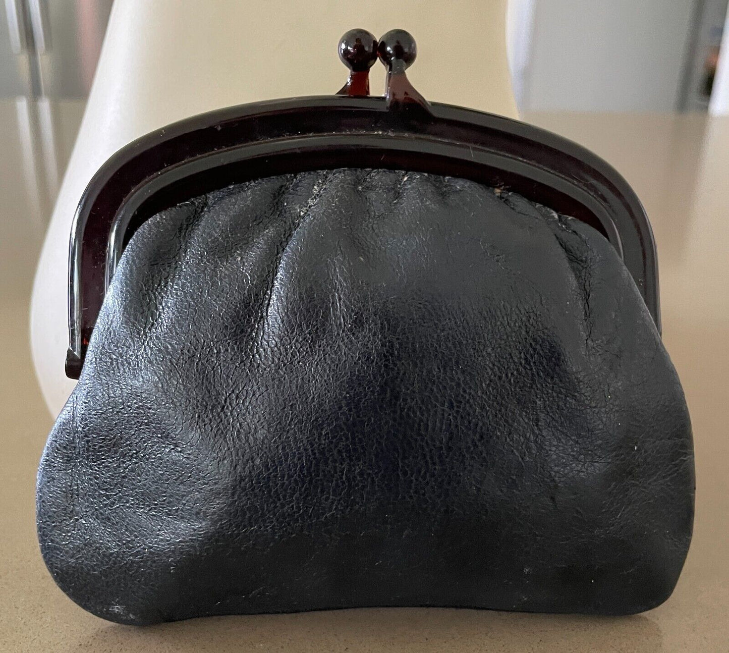 Vintage Retro Leather Coin Purse Black Tortoiseshell Clasp Italy 1970's 1980's