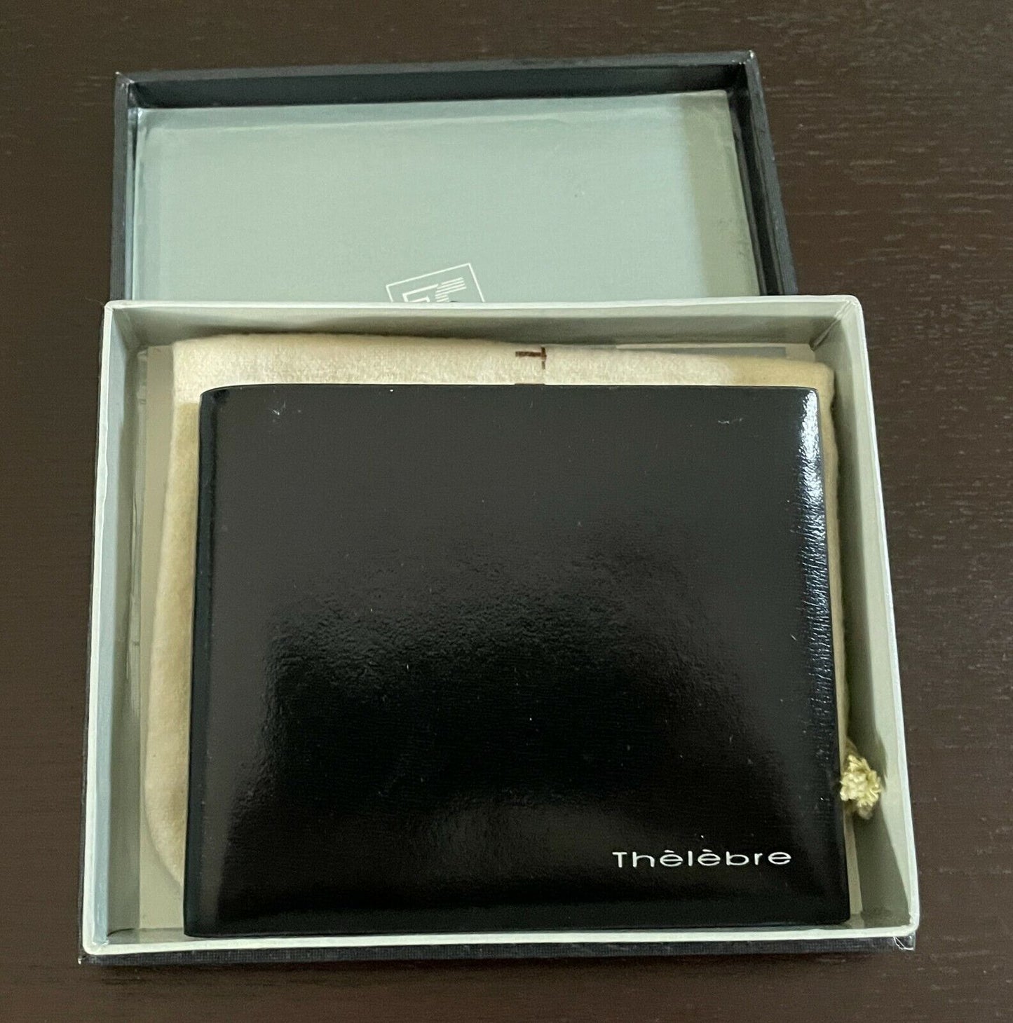 New Mens THELEBRE WALLET Paris Black High Gloss Bi-Fold Leather Gift Box Set