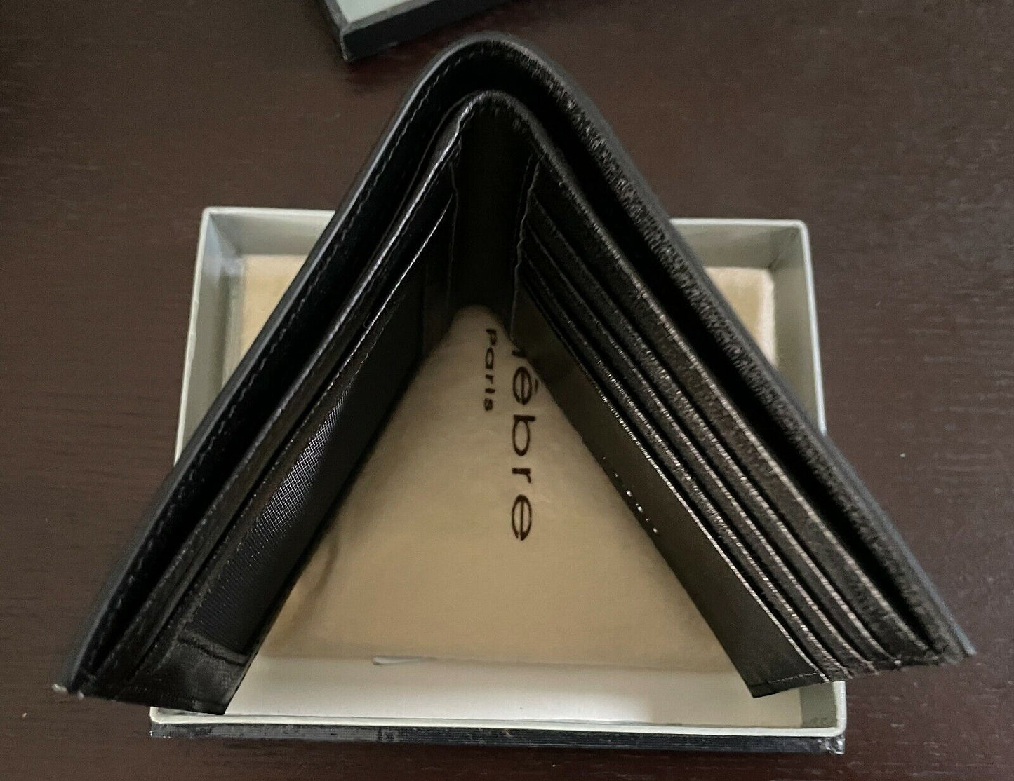 New Mens THELEBRE WALLET Paris Black High Gloss Bi-Fold Leather Gift Box Set