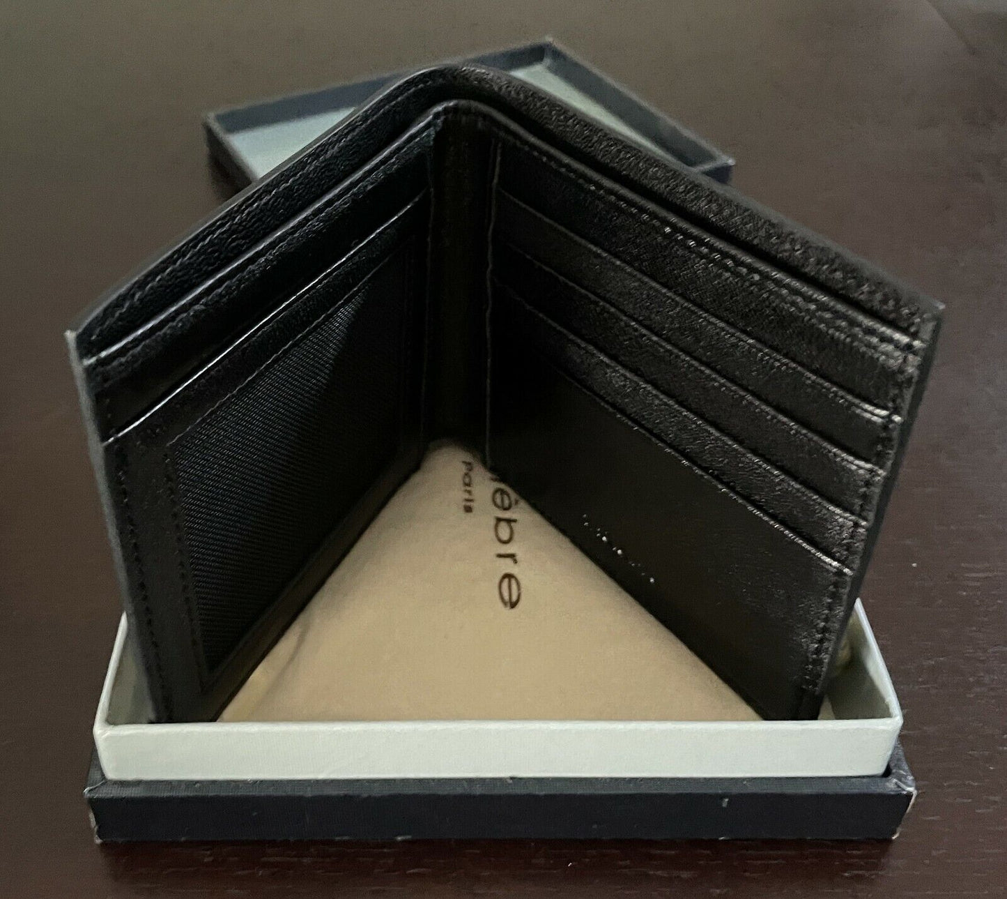 New Mens THELEBRE WALLET Paris Black High Gloss Bi-Fold Leather Gift Box Set