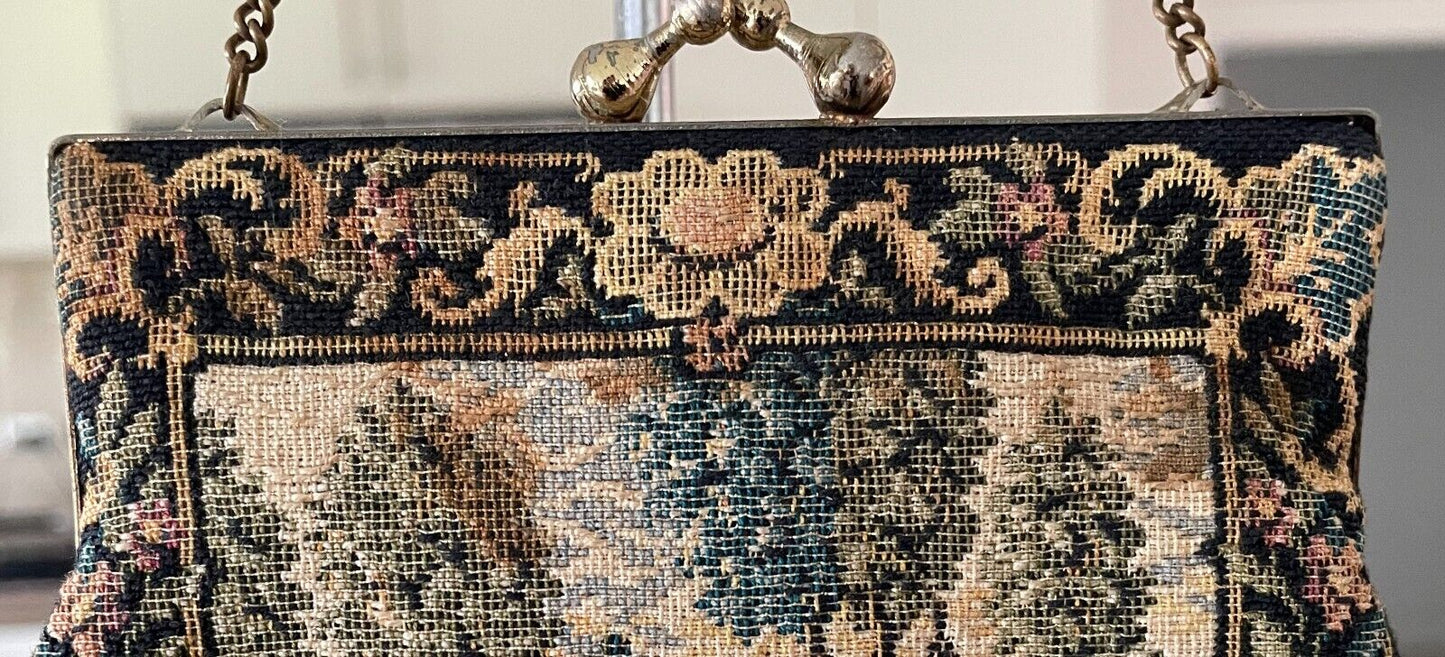 Vintage Multicolour Tapestry Cottage/Country Print Small Frame Purse with Chain