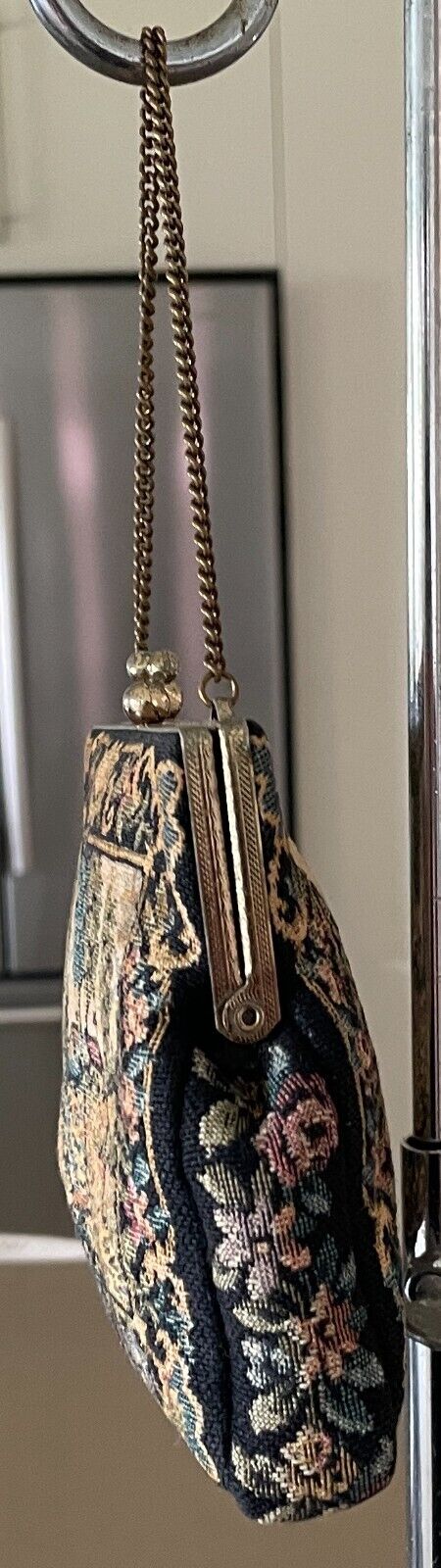 Vintage Multicolour Tapestry Cottage/Country Print Small Frame Purse with Chain