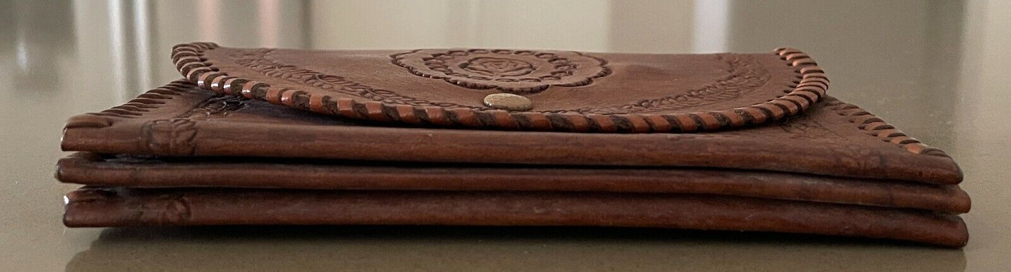 Handtooled WALLET Handmade Tan Leather Etched Floral Pattern Tri-Fold Purse NEW