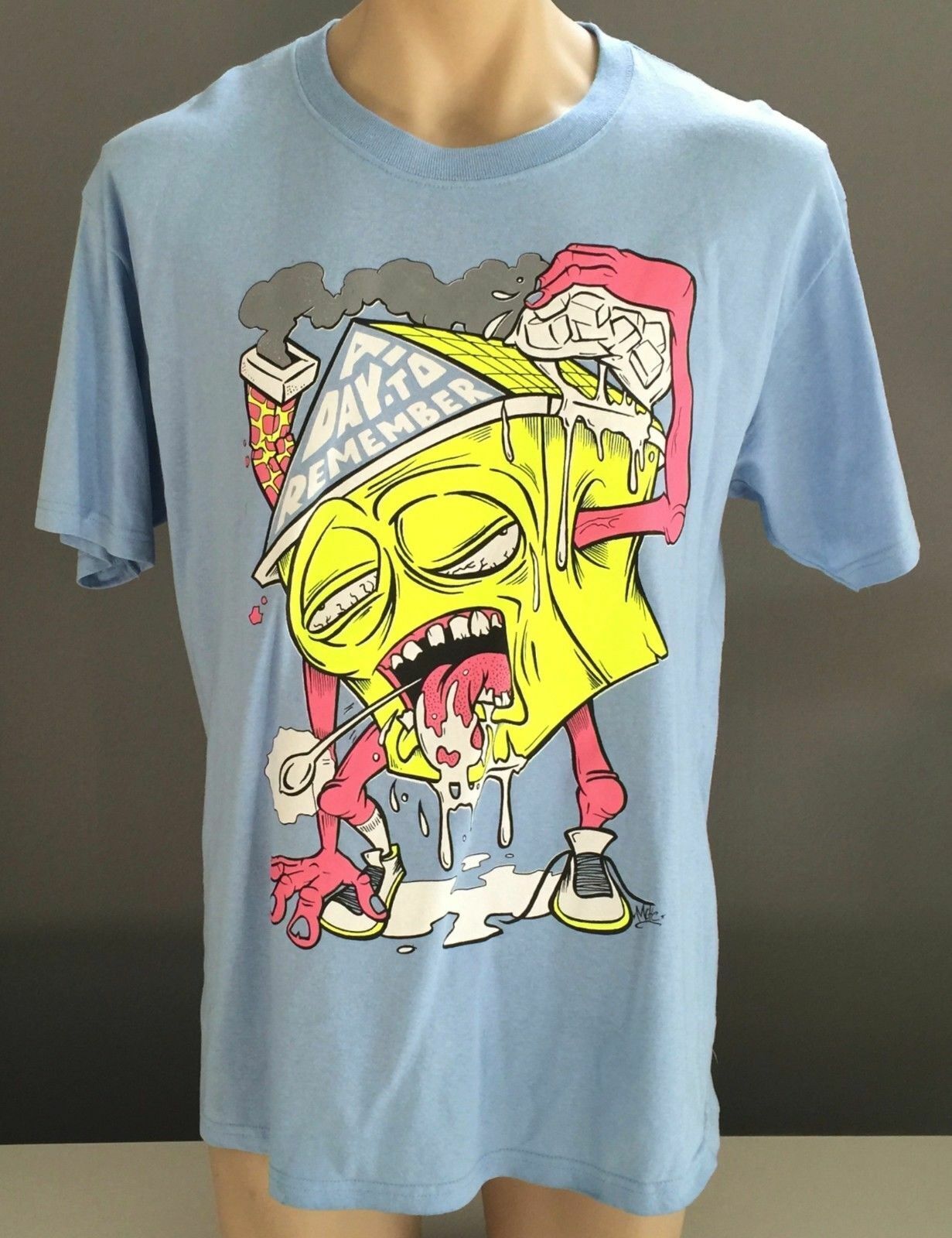 Mens FRUITS OF THE LOOM T Shirt Light Blue Ugly Fun Graphic S/Sleeve Tee Sz L