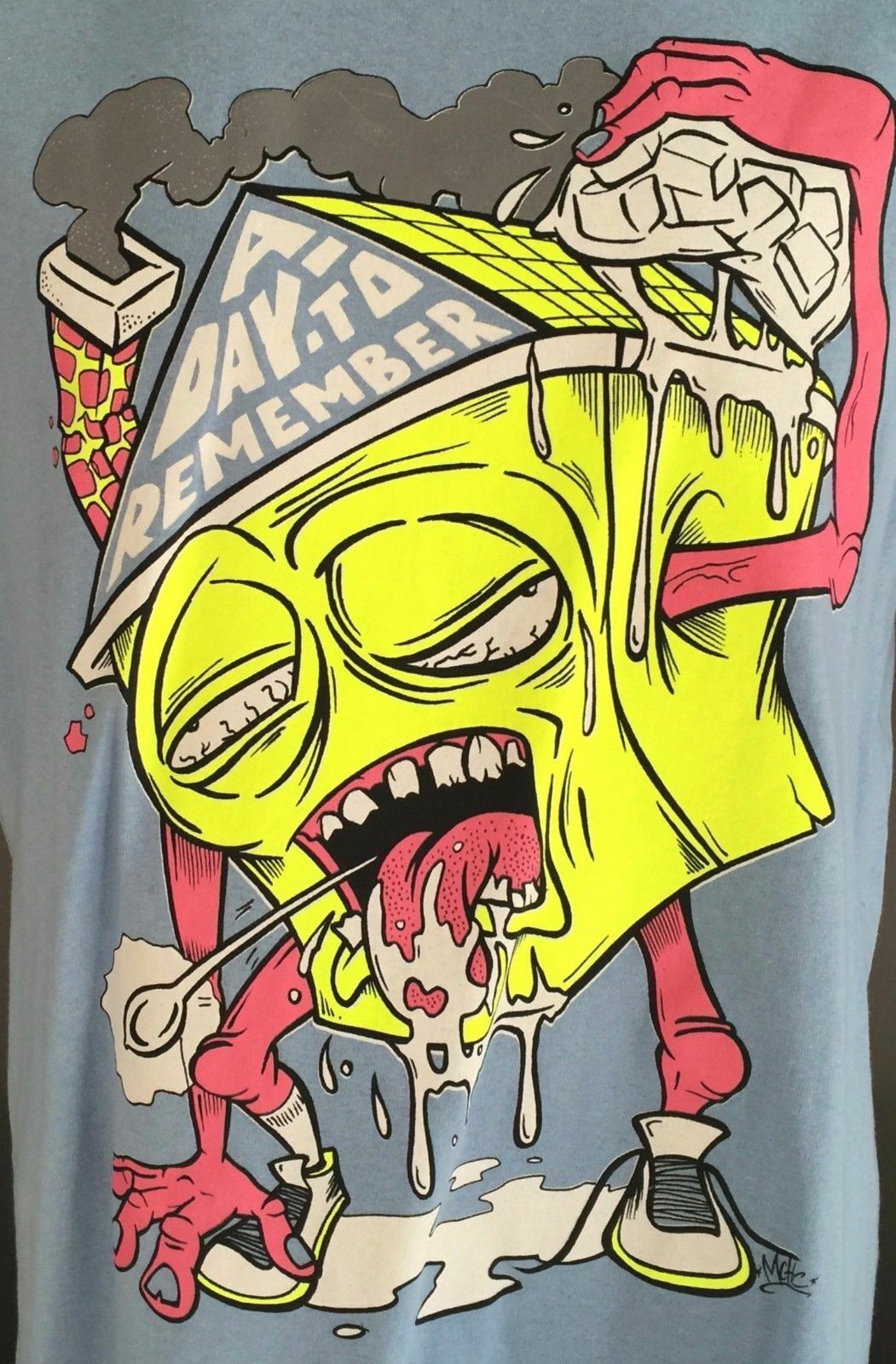 Mens FRUITS OF THE LOOM T Shirt Light Blue Ugly Fun Graphic S/Sleeve Tee Sz L