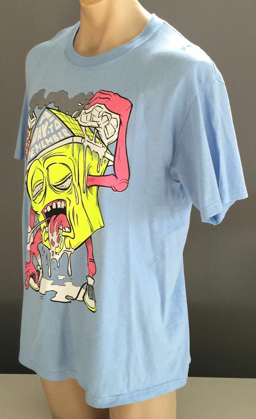 Mens FRUITS OF THE LOOM T Shirt Light Blue Ugly Fun Graphic S/Sleeve Tee Sz L