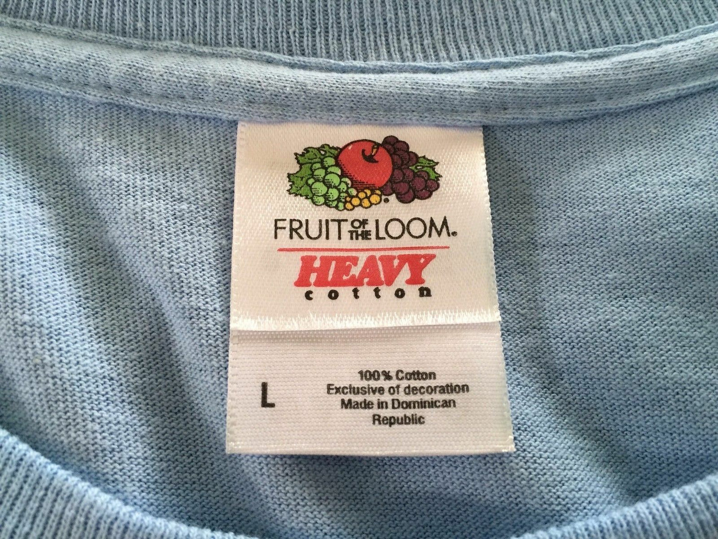Mens FRUITS OF THE LOOM T Shirt Light Blue Ugly Fun Graphic S/Sleeve Tee Sz L