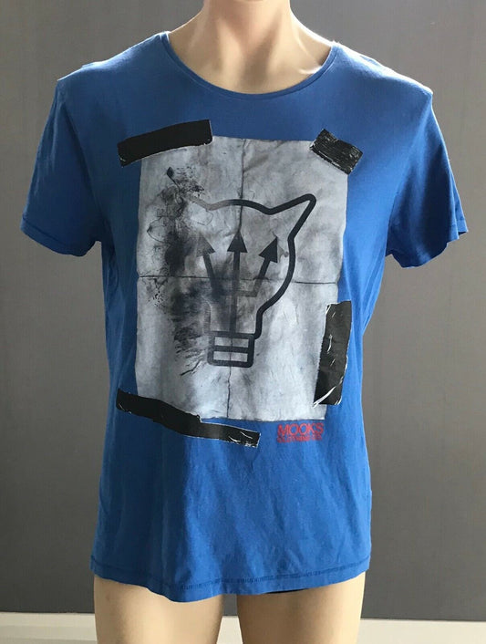 MOOKS T Shirt Blue Short Sleeve Grey w Motif Print Tee Mens  Size L