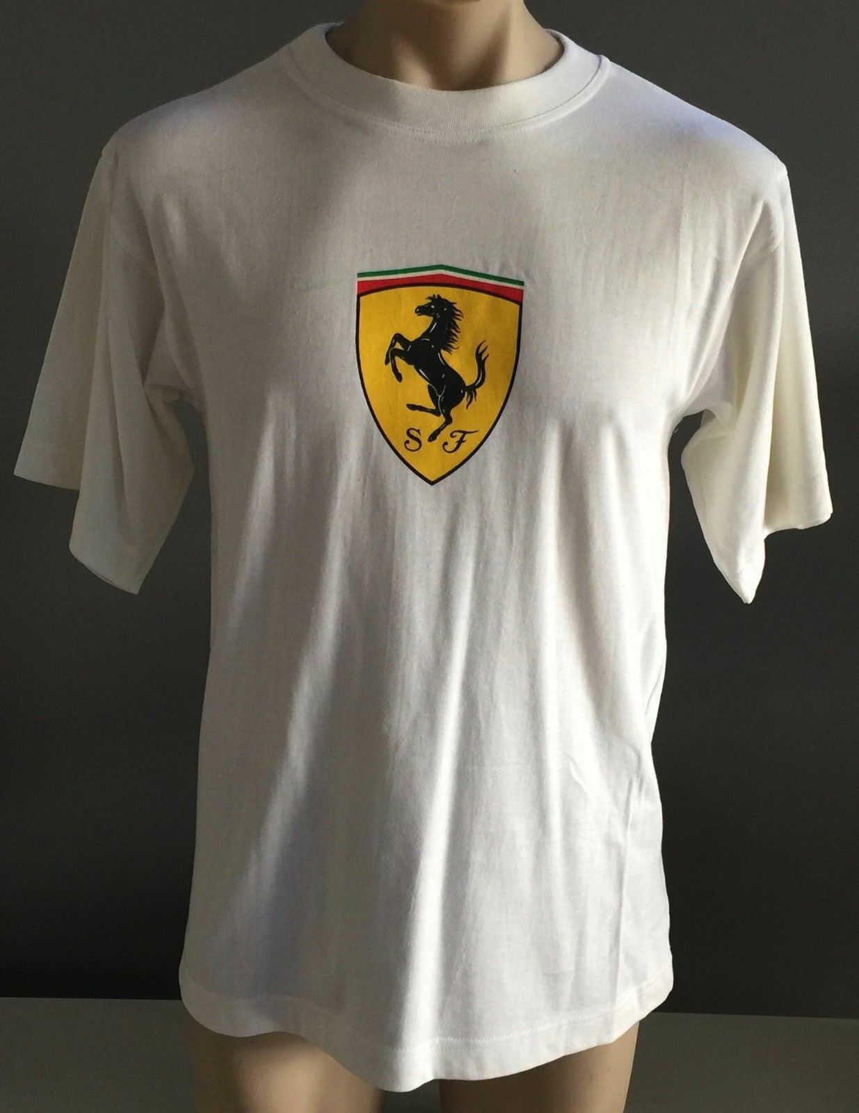 Licensed FERRARI T Shirt White Short Sleeve w Logo Print Mens Tee S Authentic