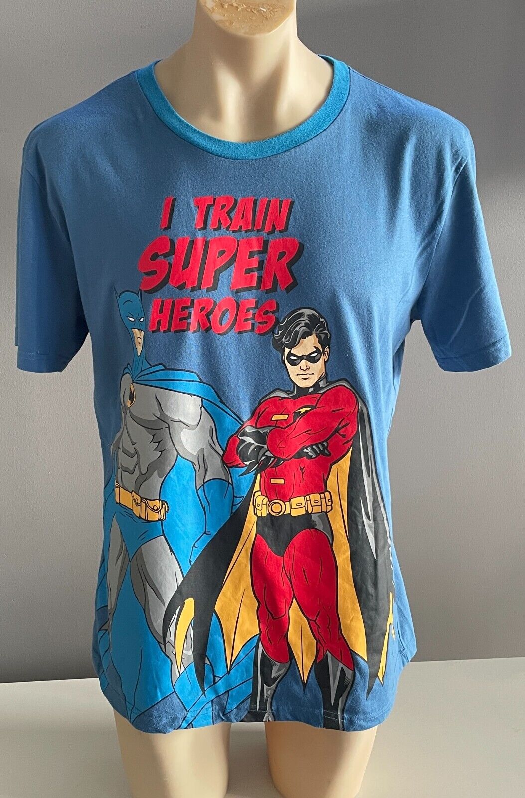 BATMAN & ROBIN "I Train Super Heroes"  T-Shirt Print Blue  Sz XL Chest 107cm Tee