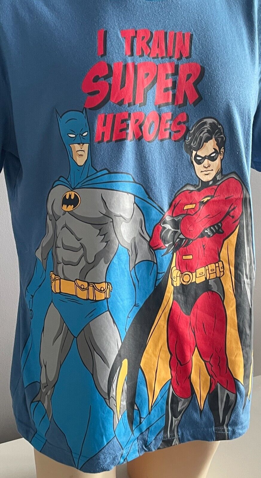 BATMAN & ROBIN "I Train Super Heroes"  T-Shirt Print Blue  Sz XL Chest 107cm Tee