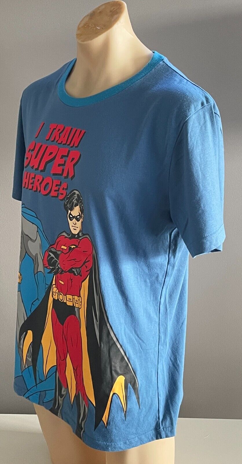 BATMAN & ROBIN "I Train Super Heroes"  T-Shirt Print Blue  Sz XL Chest 107cm Tee
