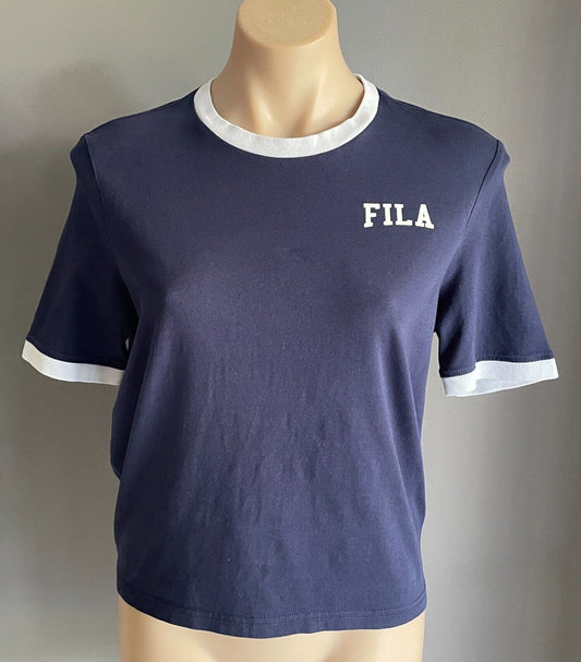 FILA Navy Blue & White Trim Short Sleeve Crop T-Shirt Size L Tee Sport