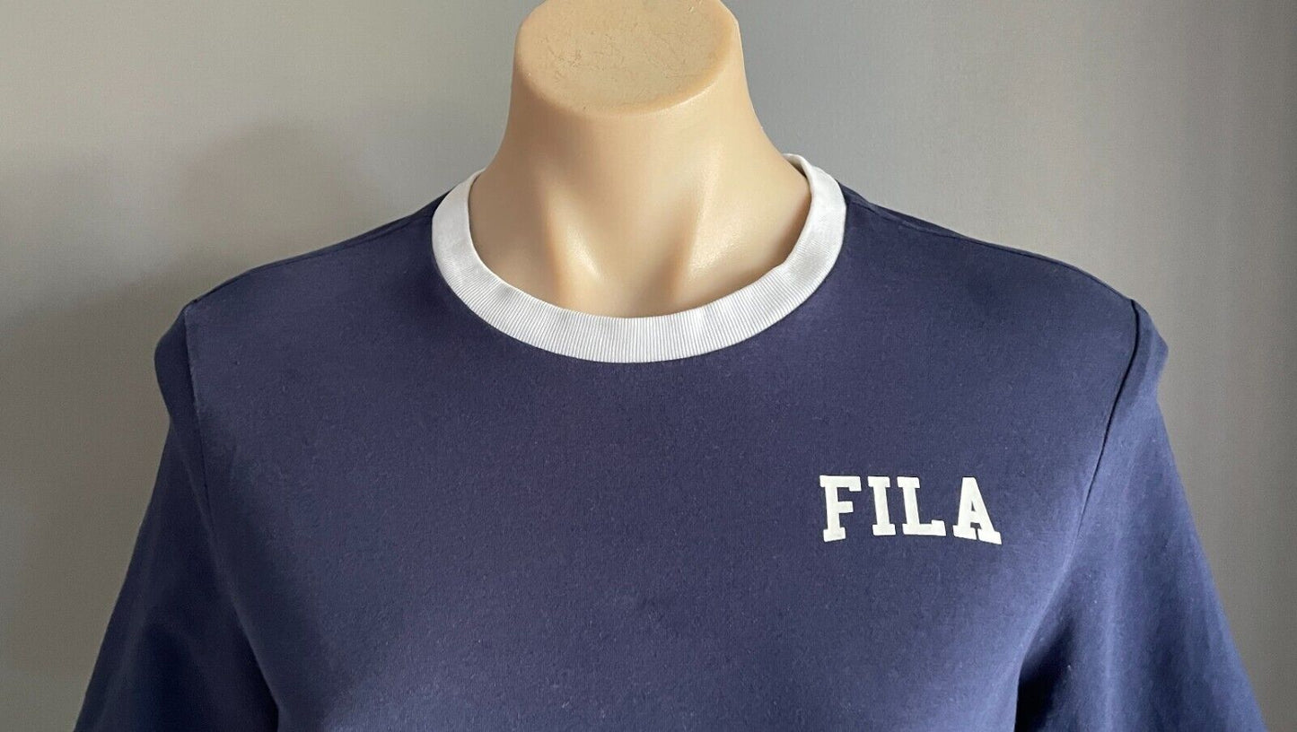 FILA Navy Blue & White Trim Short Sleeve Crop T-Shirt Size L Tee Sport