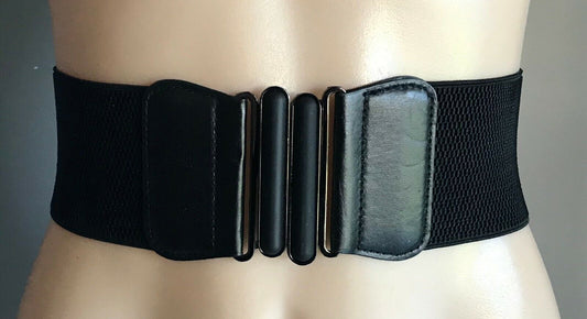 Ladies Belt Elastic 7.5cm Black Thick Large Interlocking Buckle Size 8 10