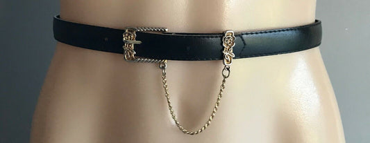 Ladies Belt Pleather 2cm W 77cm L Black Gold Chain Cuff Trim Sz 6 8 10 Retro