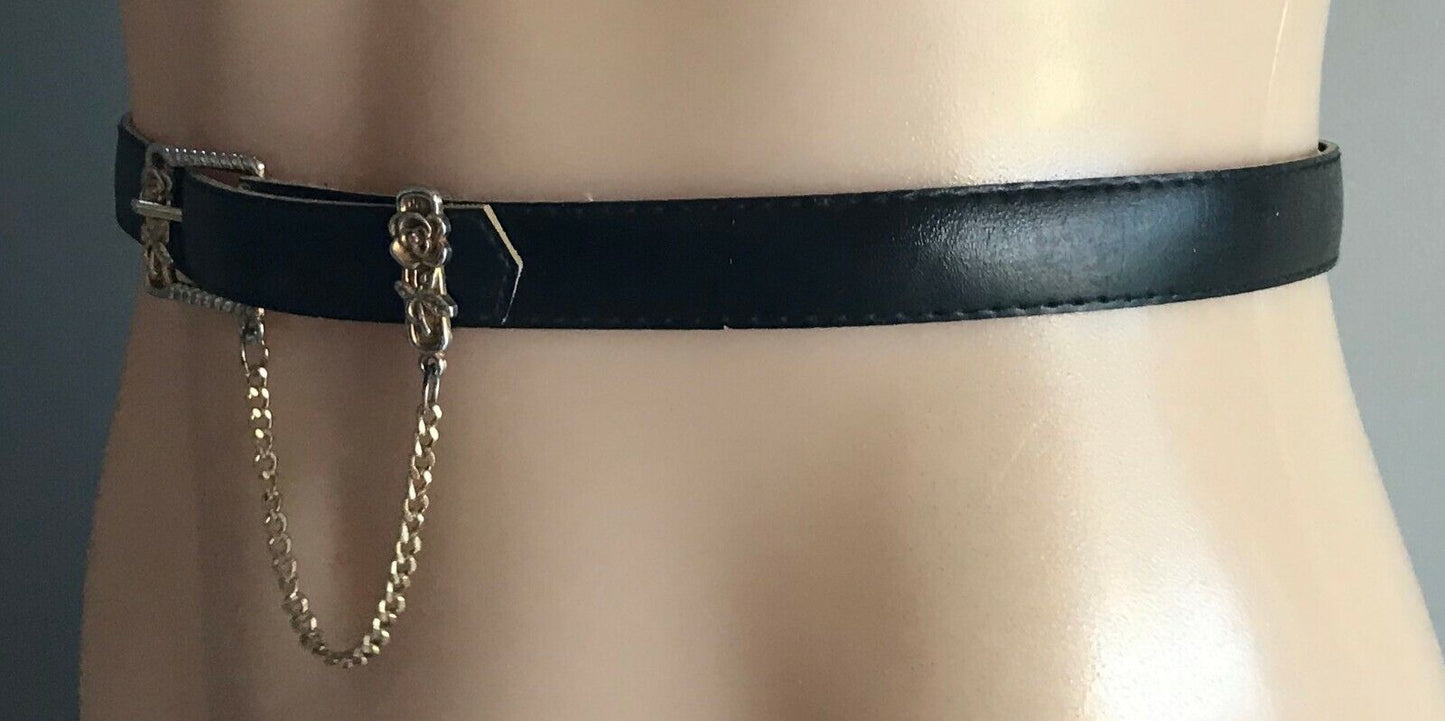 Ladies Belt Pleather 2cm W 77cm L Black Gold Chain Cuff Trim Sz 6 8 10 Retro