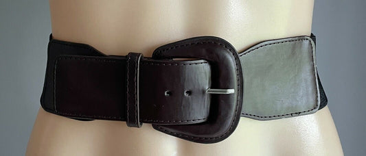 Ladies Belt Pleather 6cm Black Elastic Waist w Brown Trim Size 14 16