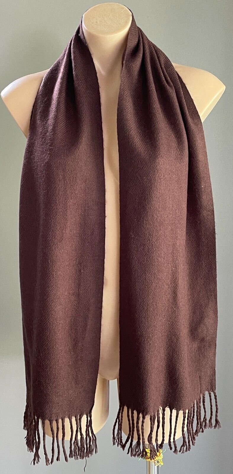 Neck Scarf Brown Wool Knit Wrap Rectangle Shape 25.5 x 156cm Fringe Trim