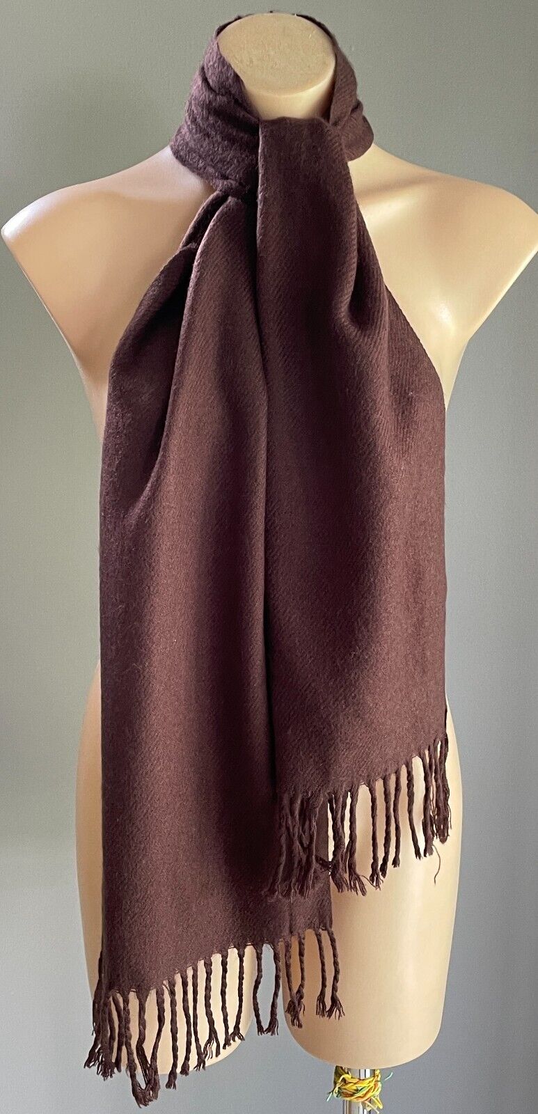 Neck Scarf Brown Wool Knit Wrap Rectangle Shape 25.5 x 156cm Fringe Trim