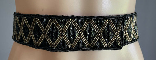 Ladies Belt TALBOTS Black Gold Bead Geo Pattern Fabric Backed Size XL 82cm Waist