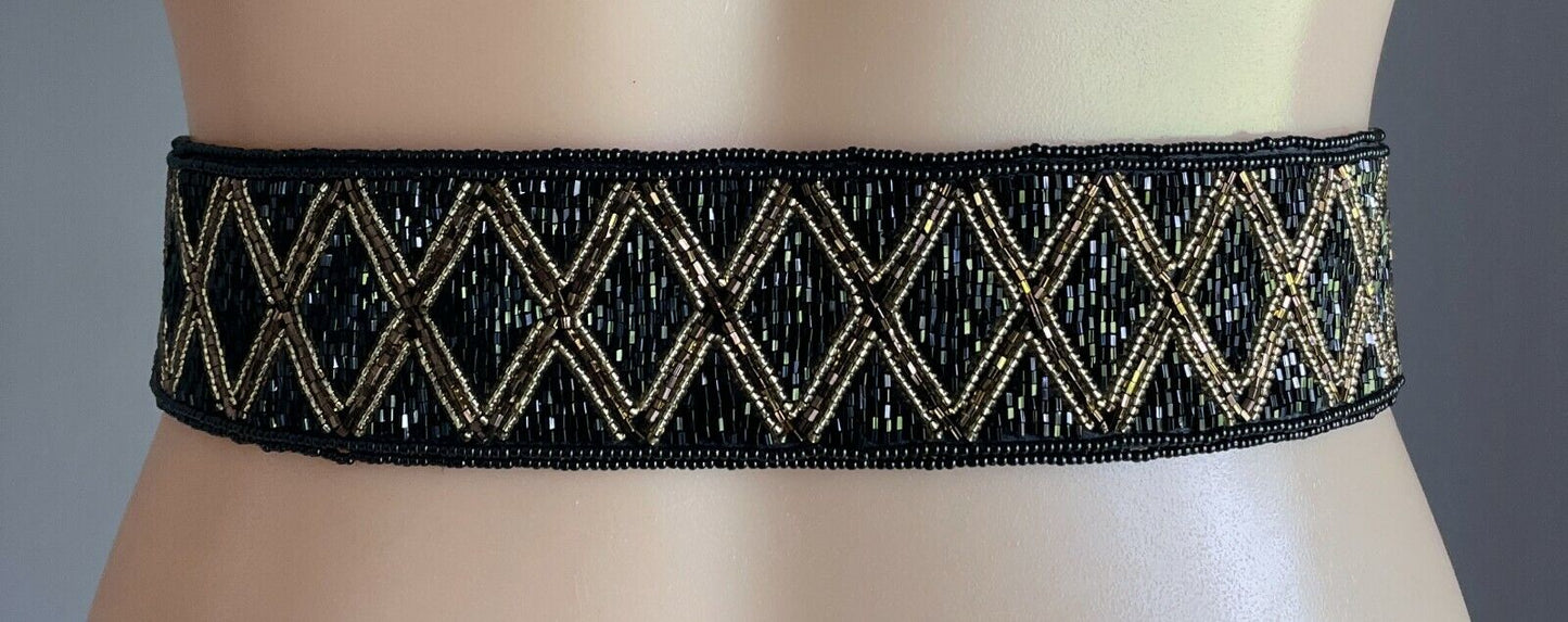 Ladies Belt TALBOTS Black Gold Bead Geo Pattern Fabric Backed Size XL 82cm Waist