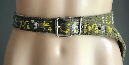 CANVAS Belt KICEMY 3.5cm Khaki Fabric w Yellow & White Print Ladies Size 12 - 14