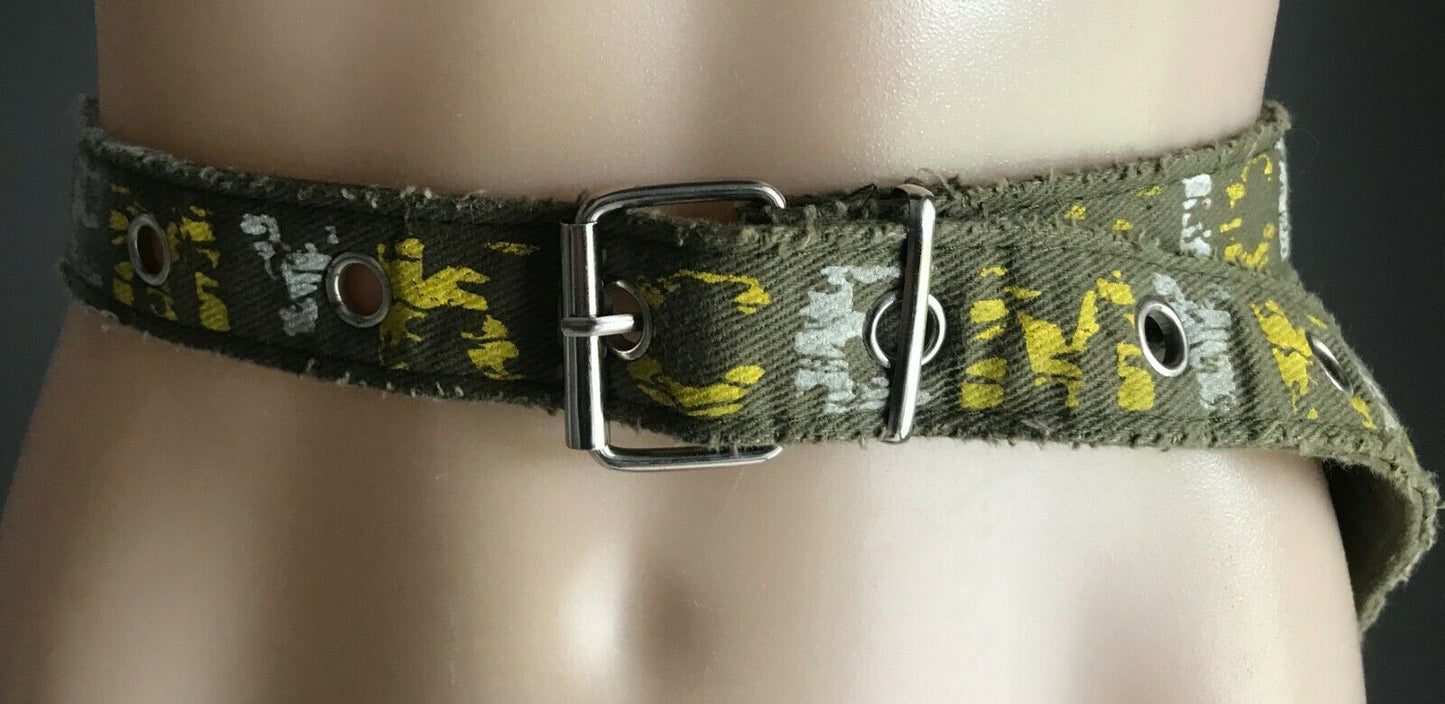 CANVAS Belt KICEMY 3.5cm Khaki Fabric w Yellow & White Print Ladies Size 12 - 14