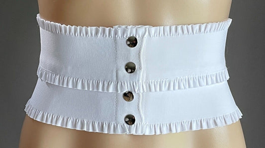 Ladies Belt Elastic 12.5cm White Waist Ruffle Trim Press Studs Cincher Size 10