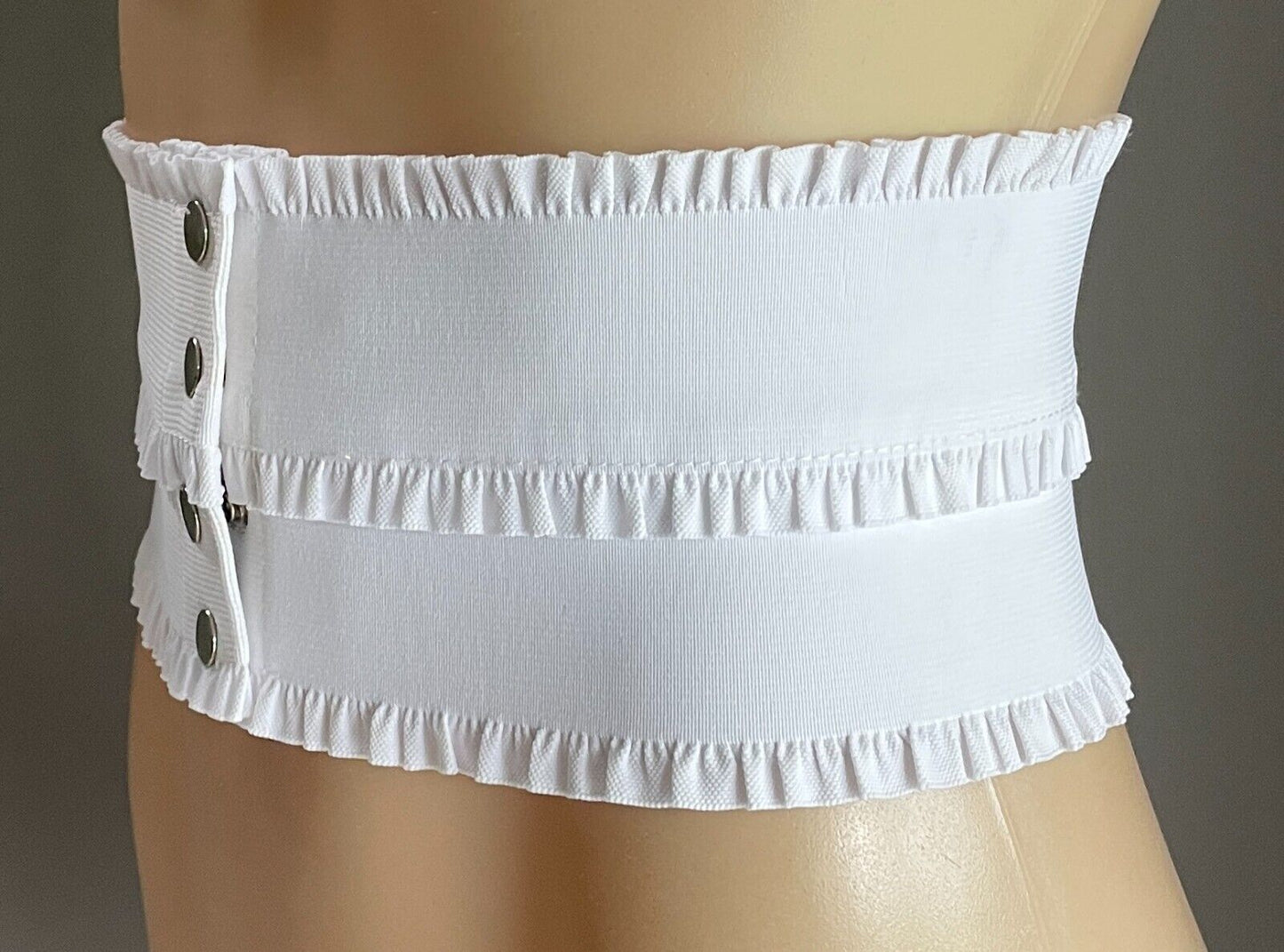 Ladies Belt Elastic 12.5cm White Waist Ruffle Trim Press Studs Cincher Size 10