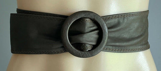 Ladies LEATHER Belt 6.5cm 1990's W Brown Sash Round Buckle Size 10 91cm