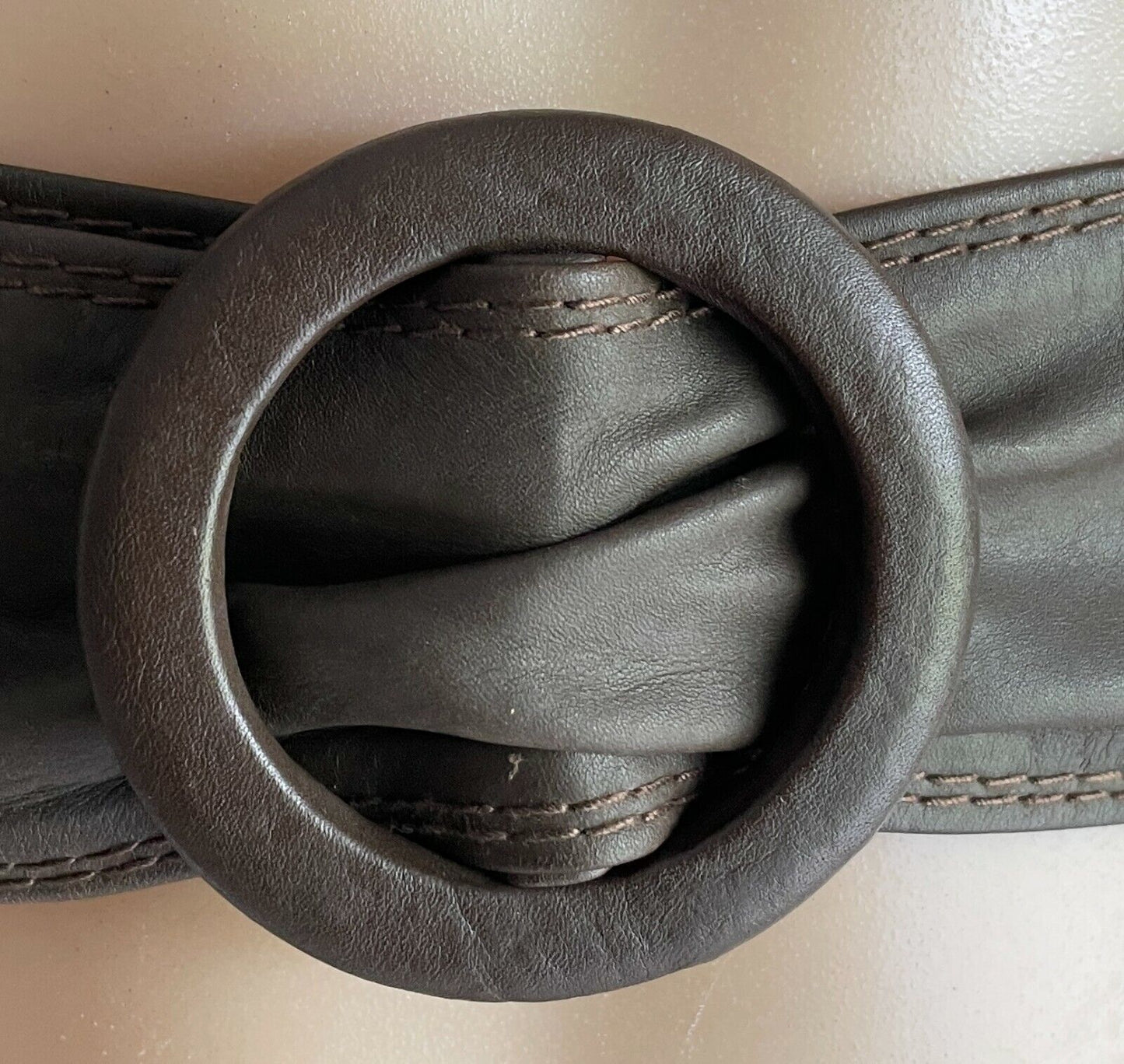Ladies LEATHER Belt 6.5cm 1990's W Brown Sash Round Buckle Size 10 91cm