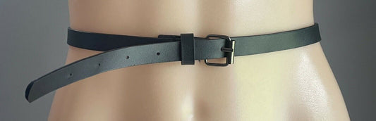 Ladies Belt Pleather 1.5cm Thin Matt Black PU Silver Buckle Trim Waist 69 - 81cm