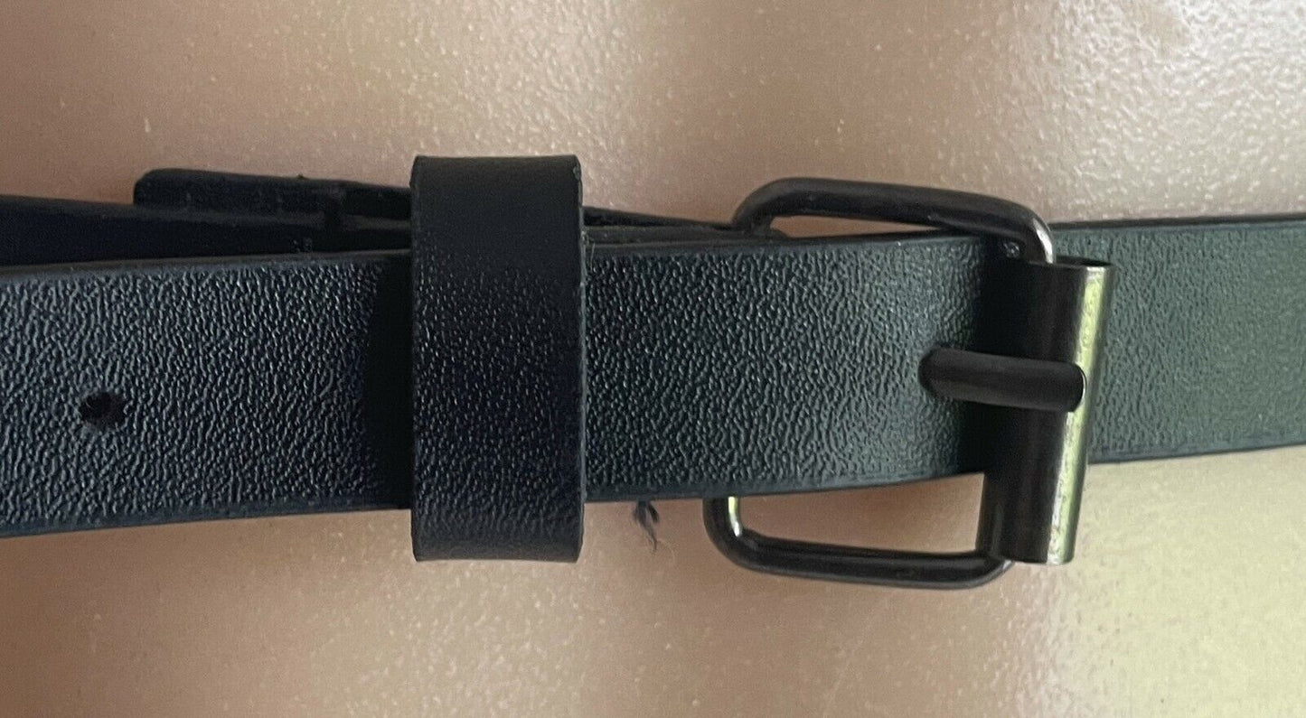 Ladies Belt Pleather 1.5cm Thin Matt Black PU Silver Buckle Trim Waist 69 - 81cm