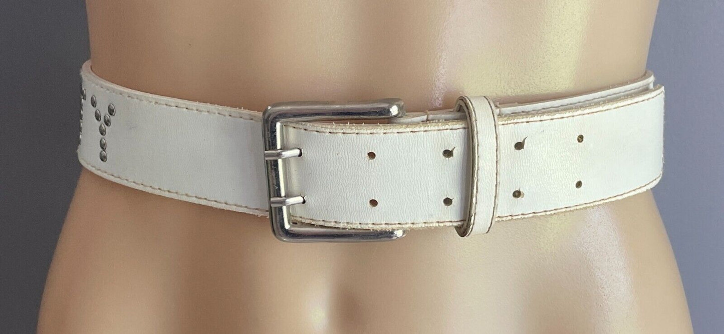 Ladies Belt RUSTY 4cm White PVC & Silver Stud Trim Sz M Fit Waist 82 102cm 90's