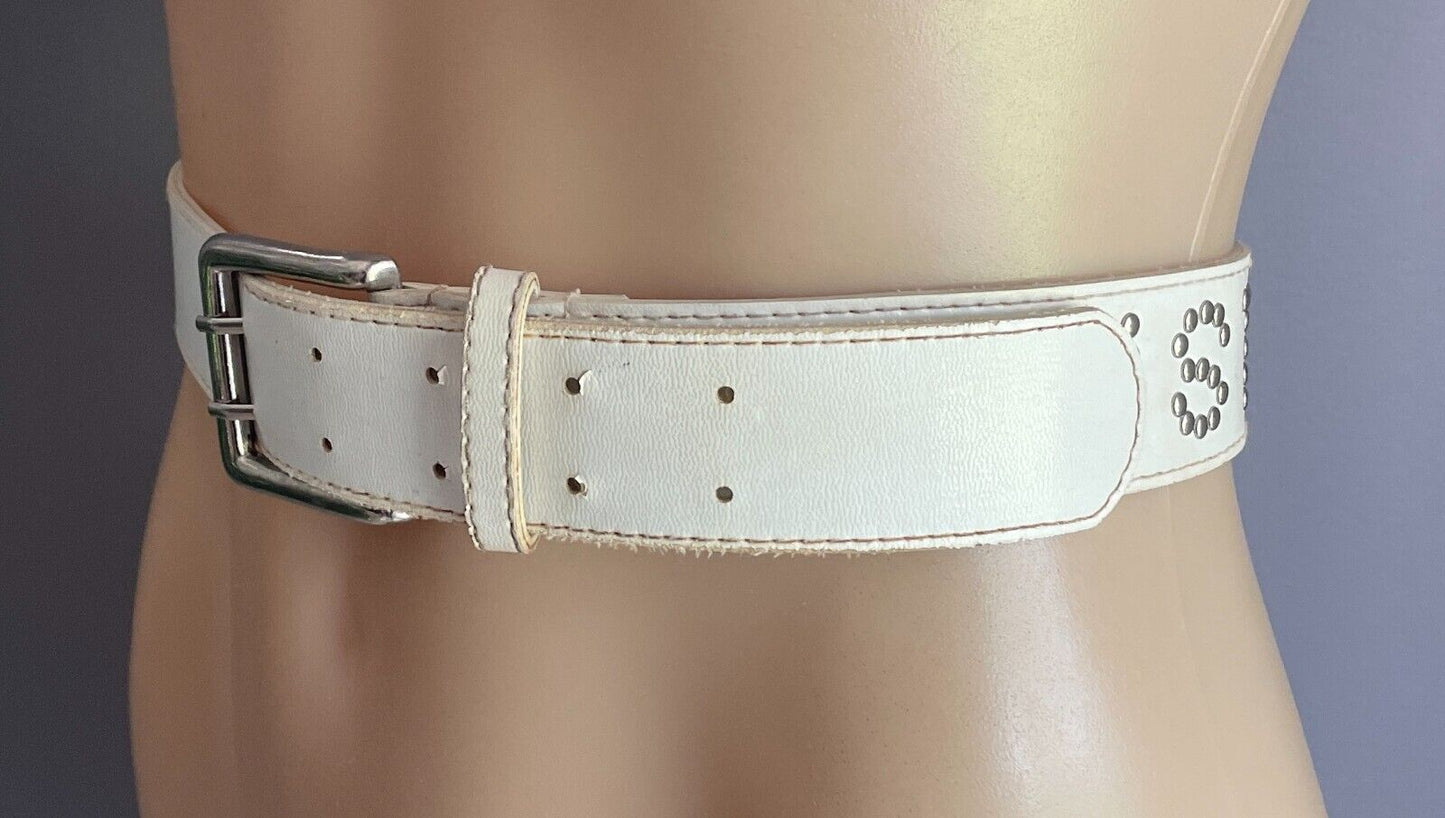 Ladies Belt RUSTY 4cm White PVC & Silver Stud Trim Sz M Fit Waist 82 102cm 90's