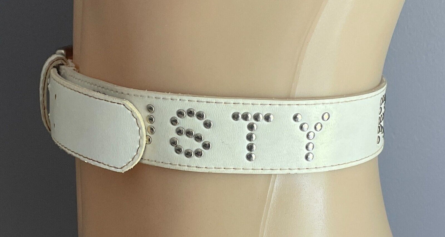 Ladies Belt RUSTY 4cm White PVC & Silver Stud Trim Sz M Fit Waist 82 102cm 90's
