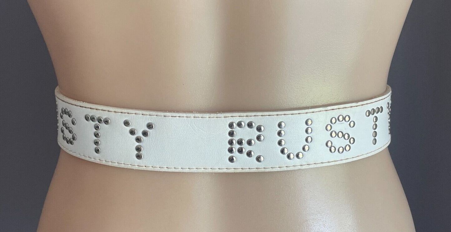 Ladies Belt RUSTY 4cm White PVC & Silver Stud Trim Sz M Fit Waist 82 102cm 90's