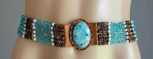 Ladies LEATHER Belt 6cm Bead Brown Blue White Blue Oval Stone Tan  W 112cm L