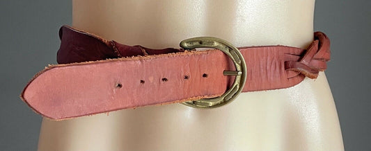 LEATHER Belt Plaited 3.5cm TANNED Braided HORSESHOE BRASS Buckle Waist 96 106cm