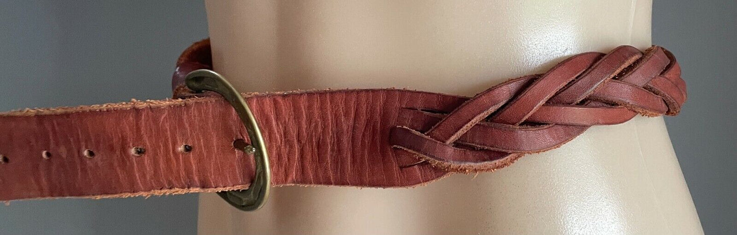LEATHER Belt Plaited 3.5cm TANNED Braided HORSESHOE BRASS Buckle Waist 96 106cm