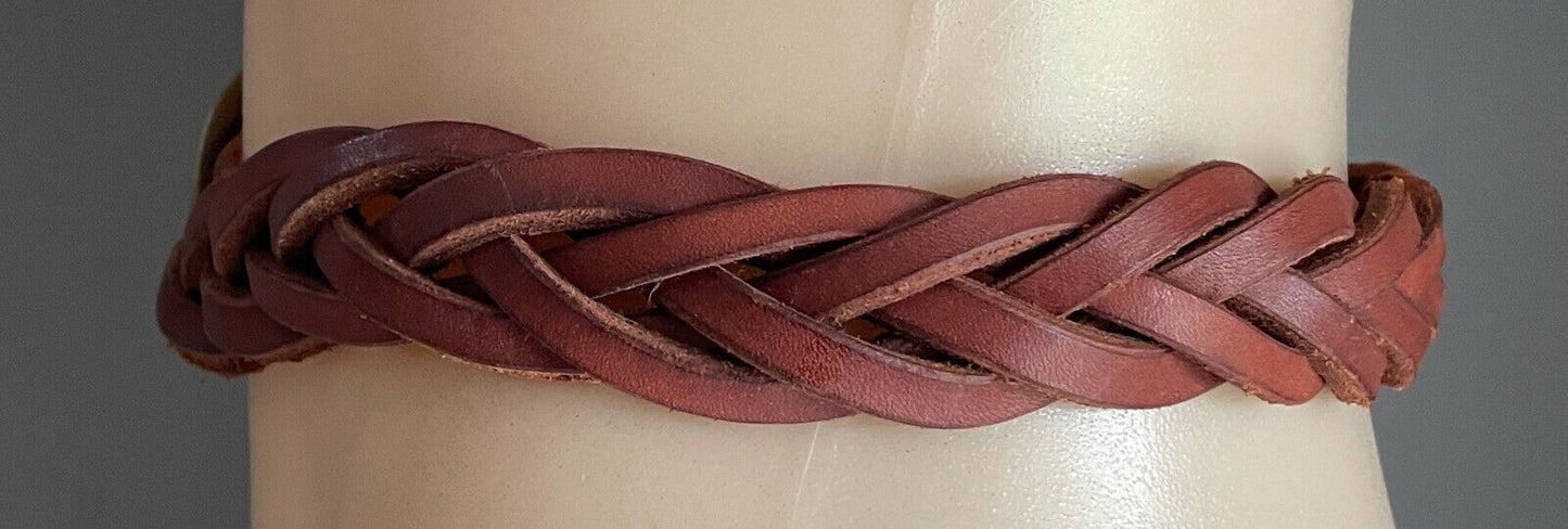 LEATHER Belt Plaited 3.5cm TANNED Braided HORSESHOE BRASS Buckle Waist 96 106cm
